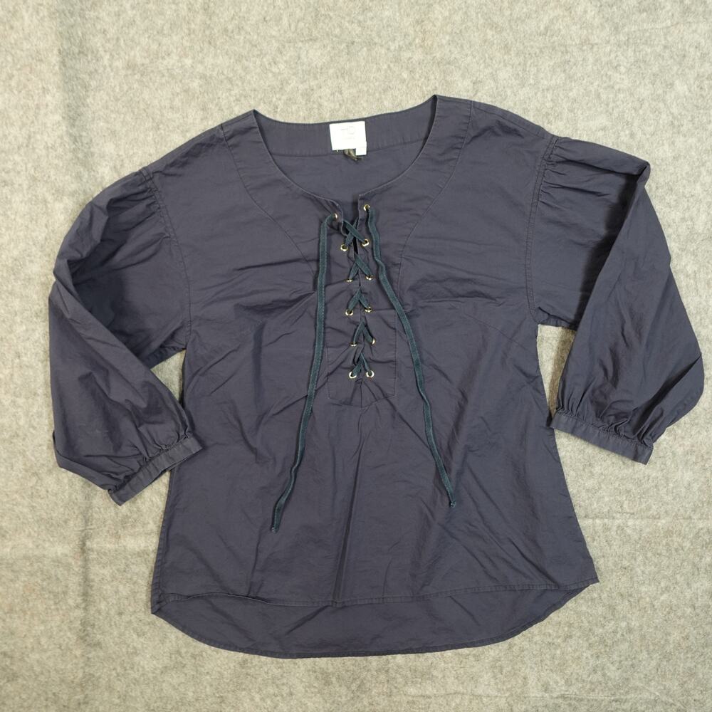 Anthropologie Top Womens Small Tie Neck Navy Blue HD in Paris 3/4 Balloon Sleeve